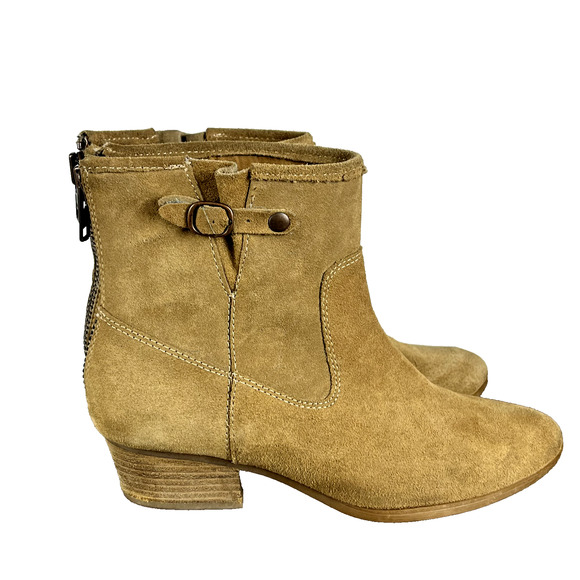 Sofft Boots Womens 7.5 Tan Suede Leather Boho Western Heels Ankle Buckle Zipper - Picture 1 of 13